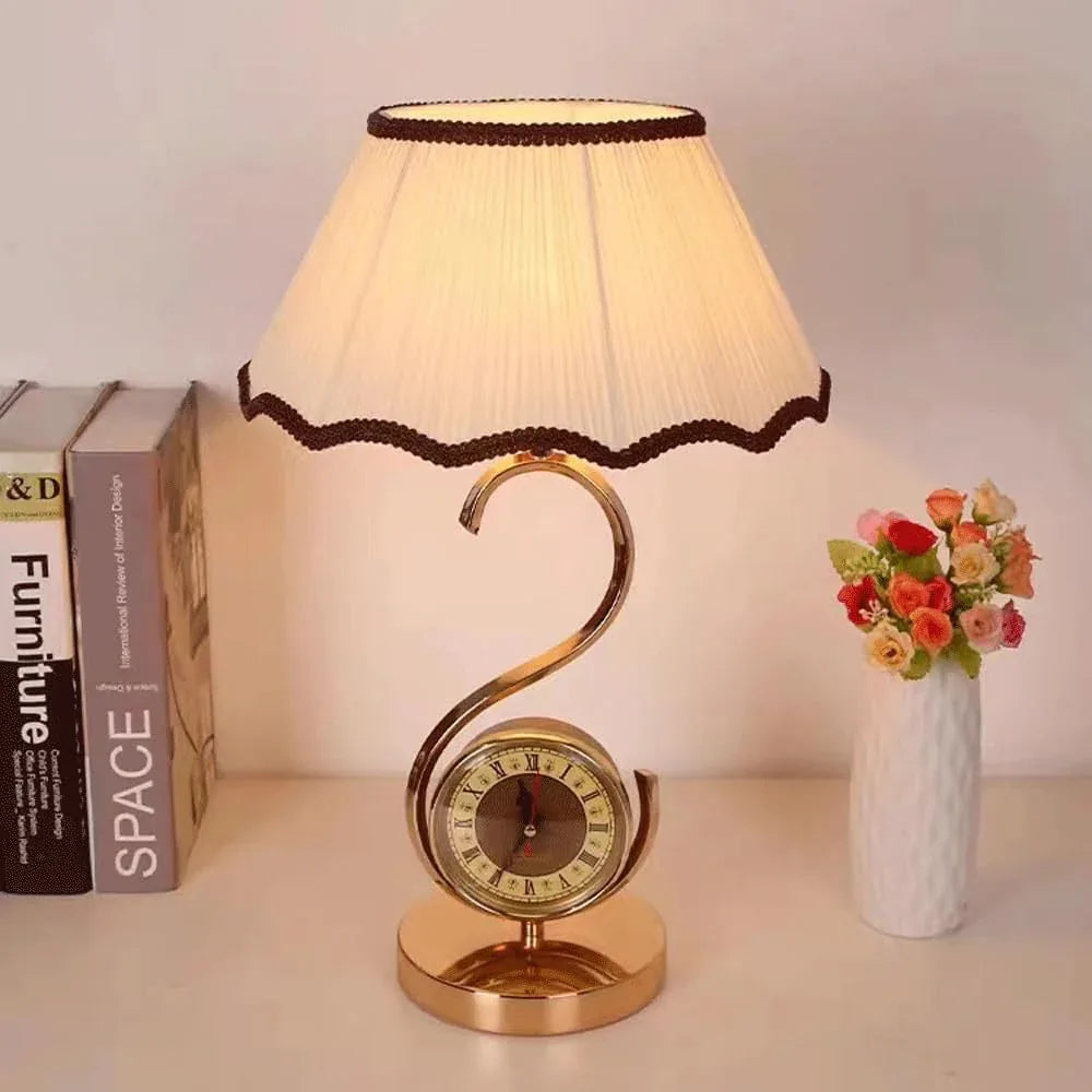 Audara-European Customised With Clock Handmade Fabric Desk Light Classic Luxury Bedroom Bedside Desk Lamp Study Room Living Room Office Table Lamp B&B Hotel Front Desk Coffee Shop Restaurant Lighting Fixture
