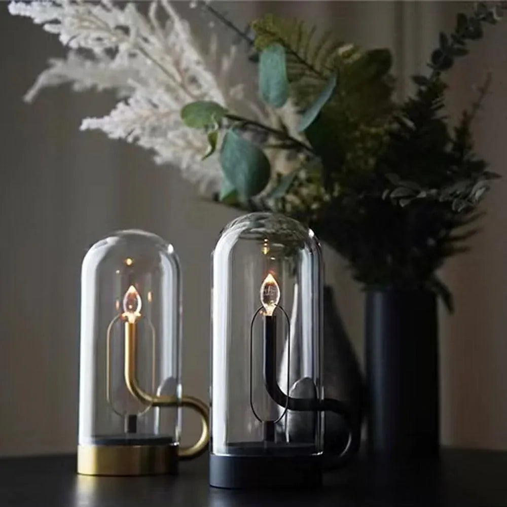 Audara-Retro Creative Restaurant Camping Desk Light Elegant Decorative Candle Flame Shaped USB Glass Aluminum Desk Lamp Bedroom Bedside Dormitory Table Lamp Restaurant Cafe Lighting Fixture