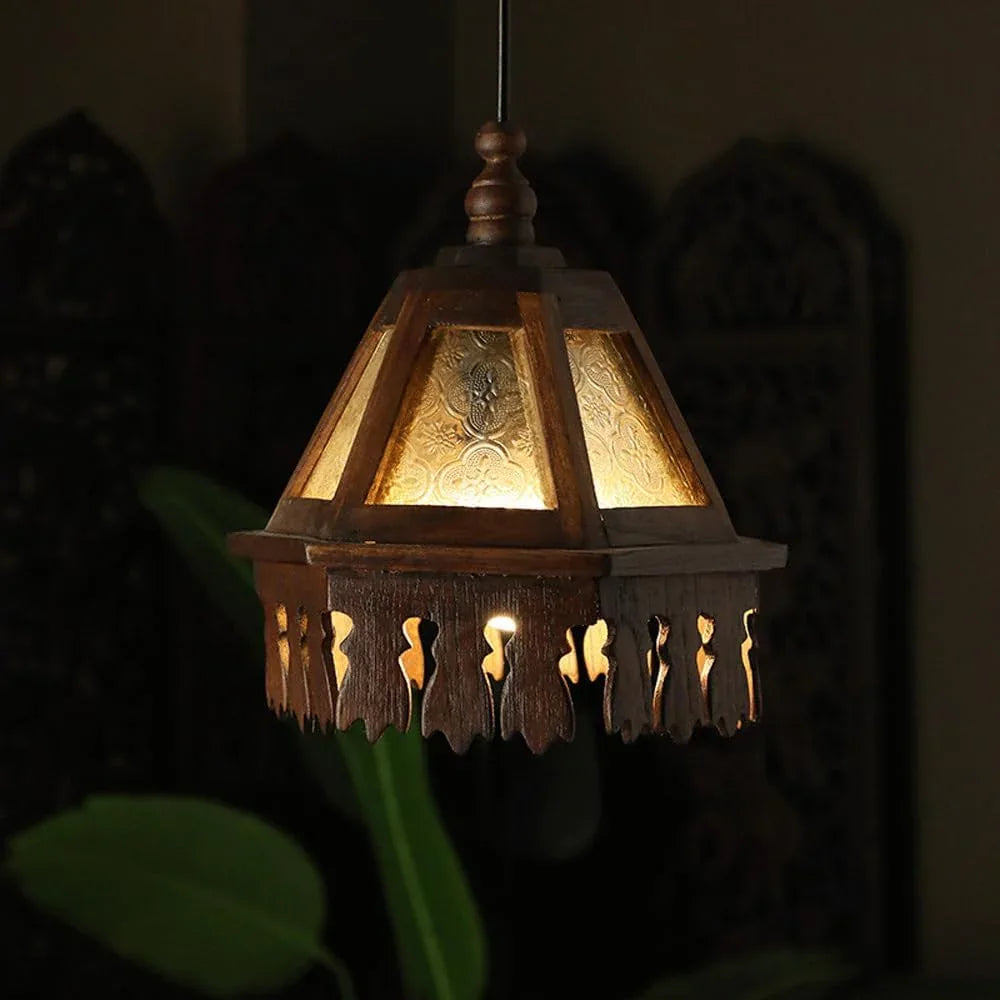 Audara-Southeast Asian Style, 7-inch Diameter, Wood and Glass Retro-Style Pendant Light, Suitable for Bedrooms, Hotels, Shops, Living Rooms, Dining Rooms and Other Styles.