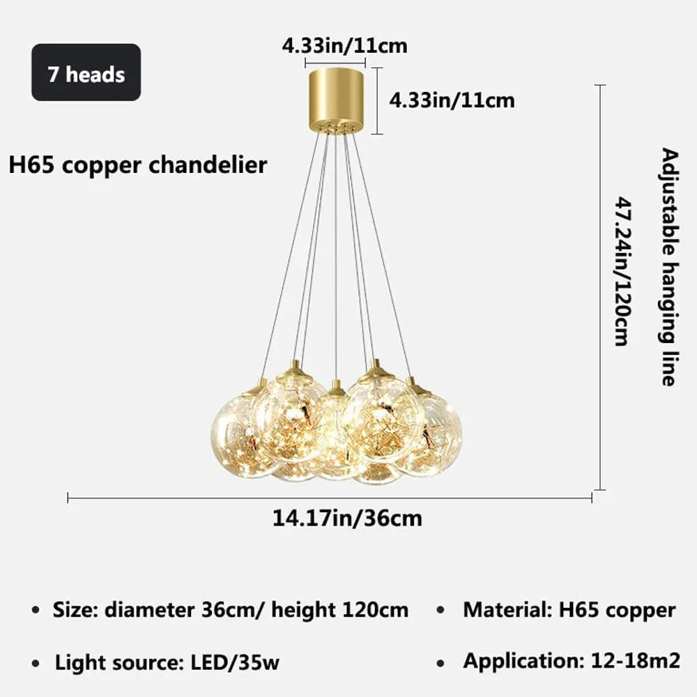 Audara-Personalized Creative All Brass Bedside Pendant Light Light Luxury Full Star Glass Hanging Lampe Gold Dimmable Multi Head Chandeliers Bedroom Living Room Dining Room Decor Lighting Fixture