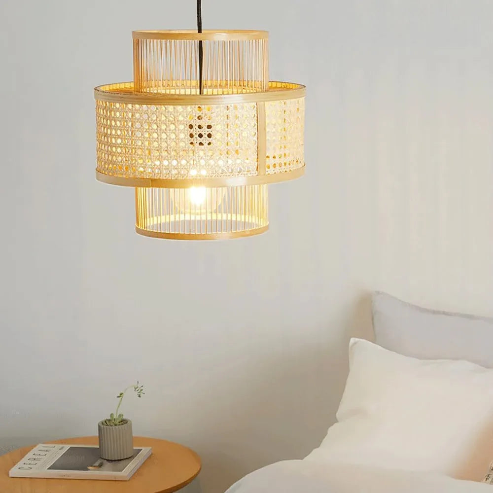 Audara-14in Woven Rattan Pendant Light Bohemian & Wabi-Sabi Style Multi-Functional Ceiling Light Fixture Suitable for Bedrooms, Hotels, Study Rooms, Dining Areas, Entryways, and More Retro Lamp