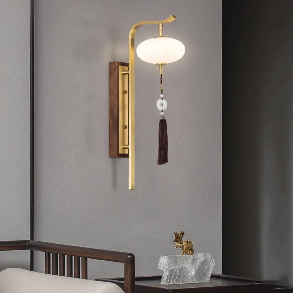 Audara-New Chinese Style Full Copper Wall Lamp Light Luxury Living Room Background Wall Lights Creative Walnut Sconces Bedroom Bedside Decoration Mounted Lighting Fixture