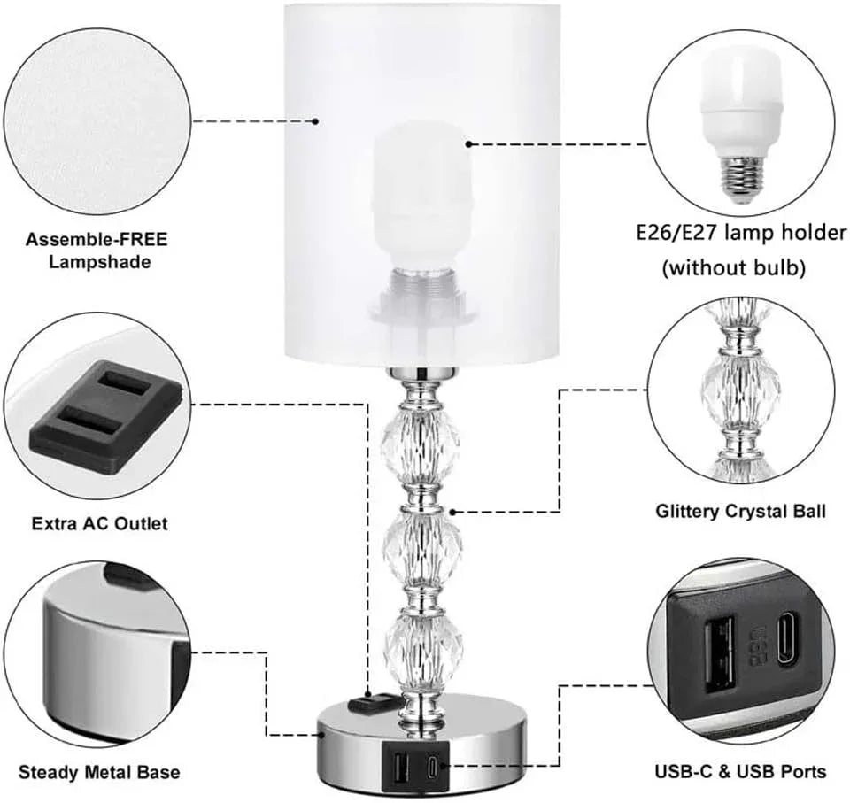 Audara-Luxury Creative Touch Switch with 2 USB/1 AC Charging Port Fabric Metal Desk Light Study Room Bedroom Bedside Desk Lamp Three Dimming Office Table Lamp Dormitory Apartment Lighting Fixture