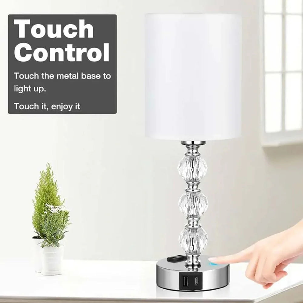 Audara-Luxury Creative Touch Switch with 2 USB/1 AC Charging Port Fabric Metal Desk Light Study Room Bedroom Bedside Desk Lamp Three Dimming Office Table Lamp Dormitory Apartment Lighting Fixture