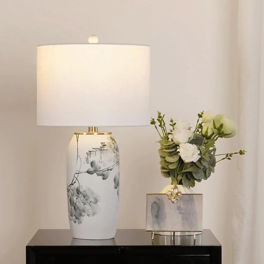 Audara-New Chinese Simple Bedroom Bedside Reading Desk Light Light Luxury Living Room Study Room Model Room Desk Lamp White Fabric Ceramic Table Lamp Coffee Shop Restaurant Showroom Lighting Fixture