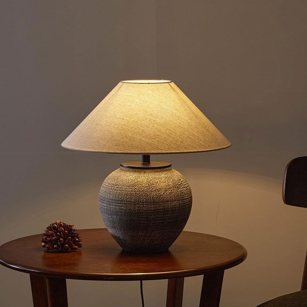 Audara-Vintage Wabi-sabi Style Living Room Bedroom Bedside Desk Light Natural Classic Fabric Pottery Jar Desk Lamp Club Dining Room Villa Table Lamp Coffee Shop Hotel Front Desk Rustic Lighting Fixture