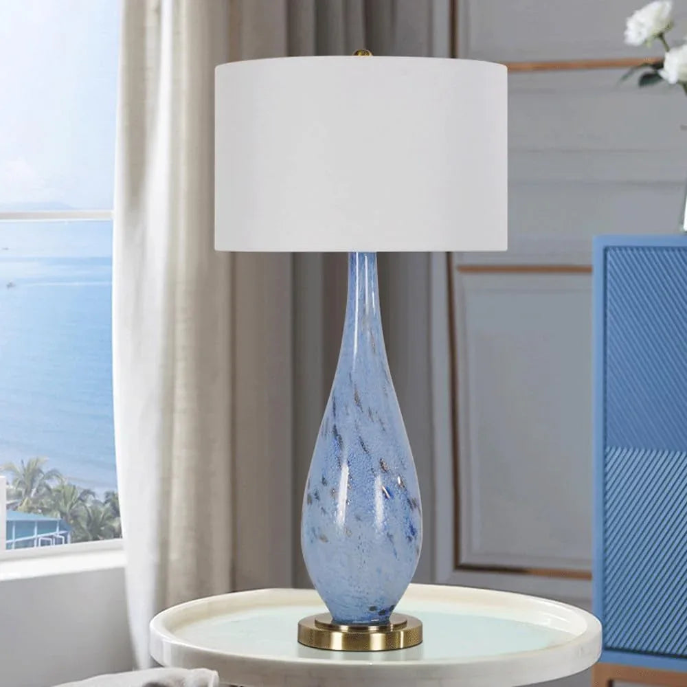 Audara-European Modern Bedroom Bedside Desk Light Simple Fashion Fabric Blue Glass Desk Lamp Model House Showcase Office Table Lamp Farmhouse Villa Club Restaurant Lighting Fixture