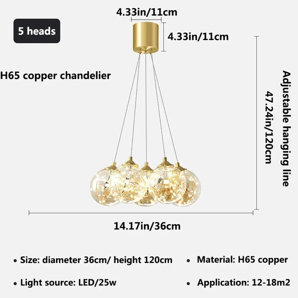 Audara-Personalized Creative All Brass Bedside Pendant Light Light Luxury Full Star Glass Hanging Lampe Gold Dimmable Multi Head Chandeliers Bedroom Living Room Dining Room Decor Lighting Fixture