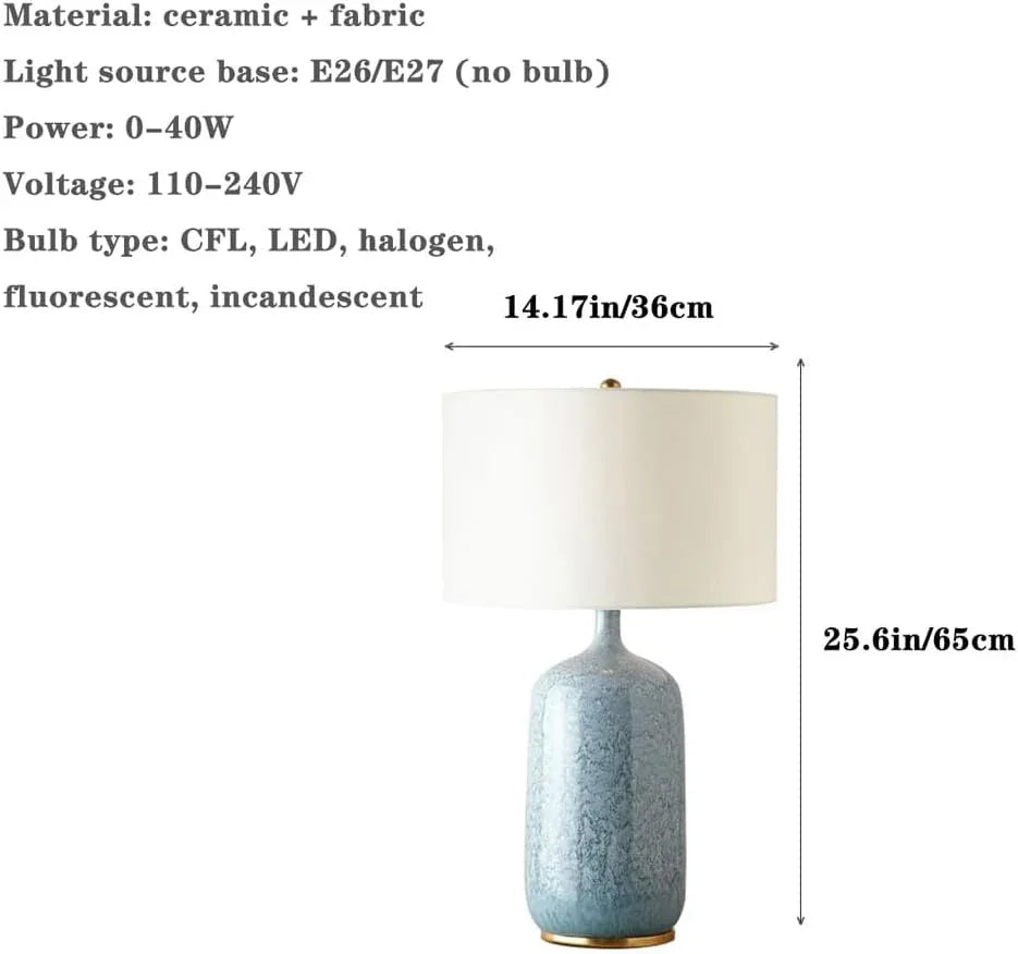 Audara-American Creative Office Hotel Front Desk Light Creative Light Luxury Fabric Blue Ceramic Desk Lamp Club Coffee Shop Cottage Farmhouse Rustic Table Lamp Living Room Bedroom Lighting Fixture