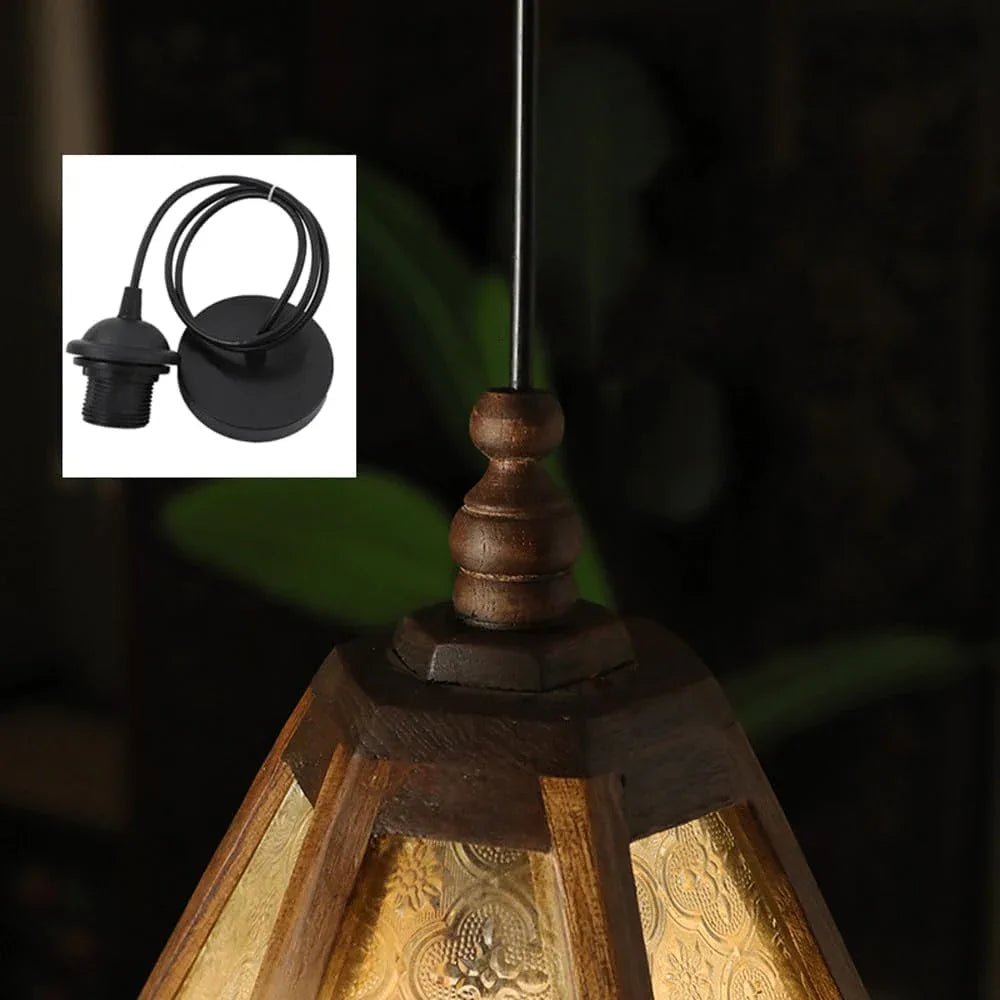 Audara-Southeast Asian Style, 7-inch Diameter, Wood and Glass Retro-Style Pendant Light, Suitable for Bedrooms, Hotels, Shops, Living Rooms, Dining Rooms and Other Styles.