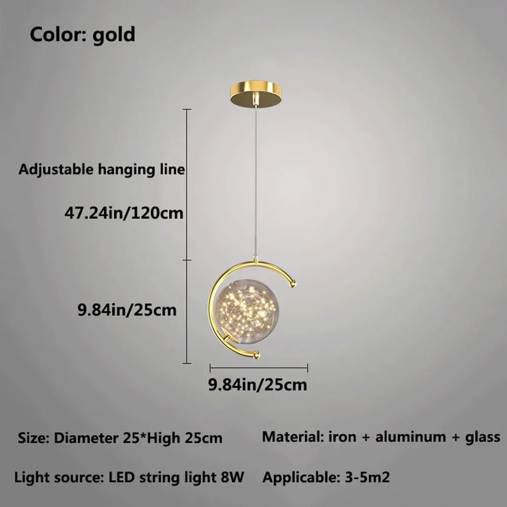Audara-Personalized Creative Full Star Glass Pendant Light Modern Minimalist Round Ball Iron Bedside Hanging Lampe Gold Dimmable Single Head Chandeliers Dining Room Aisle Bar Lighting Fixture