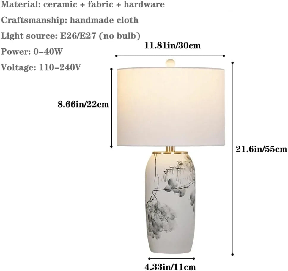 Audara-New Chinese Simple Bedroom Bedside Reading Desk Light Light Luxury Living Room Study Room Model Room Desk Lamp White Fabric Ceramic Table Lamp Coffee Shop Restaurant Showroom Lighting Fixture