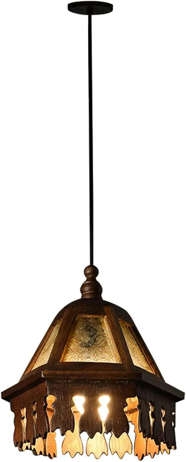 Audara-Southeast Asian Style, 7-inch Diameter, Wood and Glass Retro-Style Pendant Light, Suitable for Bedrooms, Hotels, Shops, Living Rooms, Dining Rooms and Other Styles.
