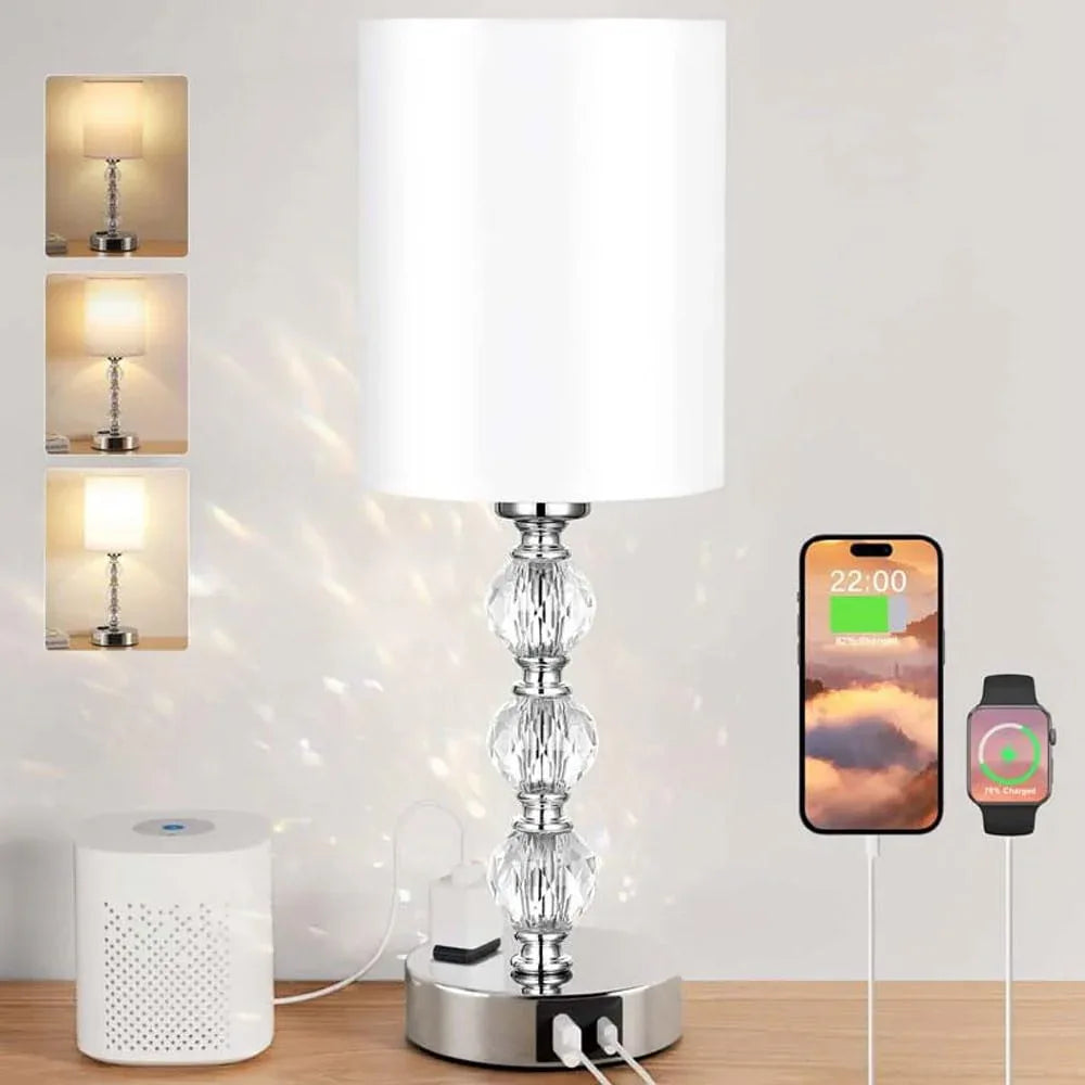 Audara-Luxury Creative Touch Switch with 2 USB/1 AC Charging Port Fabric Metal Desk Light Study Room Bedroom Bedside Desk Lamp Three Dimming Office Table Lamp Dormitory Apartment Lighting Fixture White