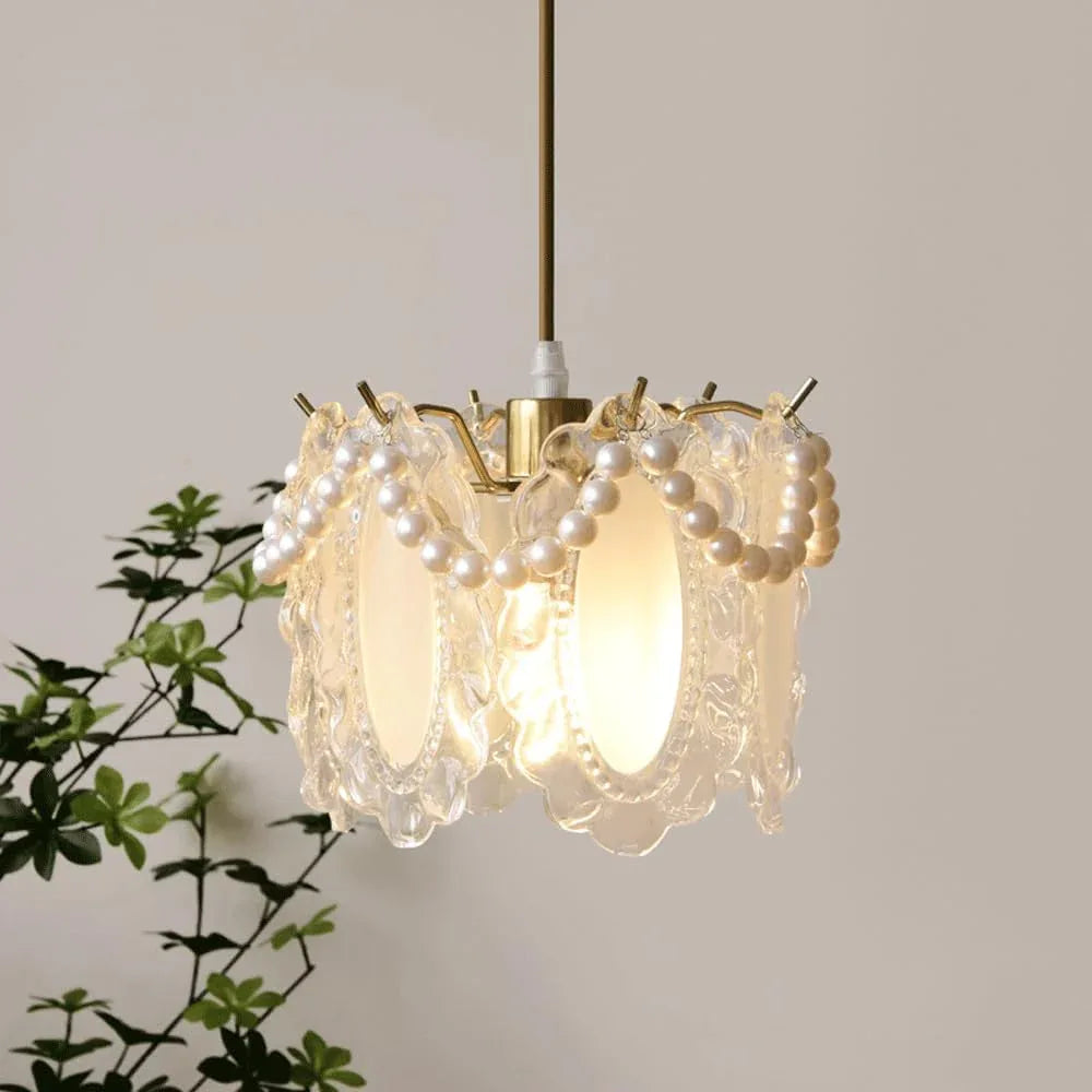 Audara-French Luxury Pearl Glass Pendant Light Warm Romantic Bedroom Bedside Hanging Lamp7.78in Living Room Sofa Background Wall Decoration Chandeliers Restaurant Cafe Front Desk Lighting Fixture