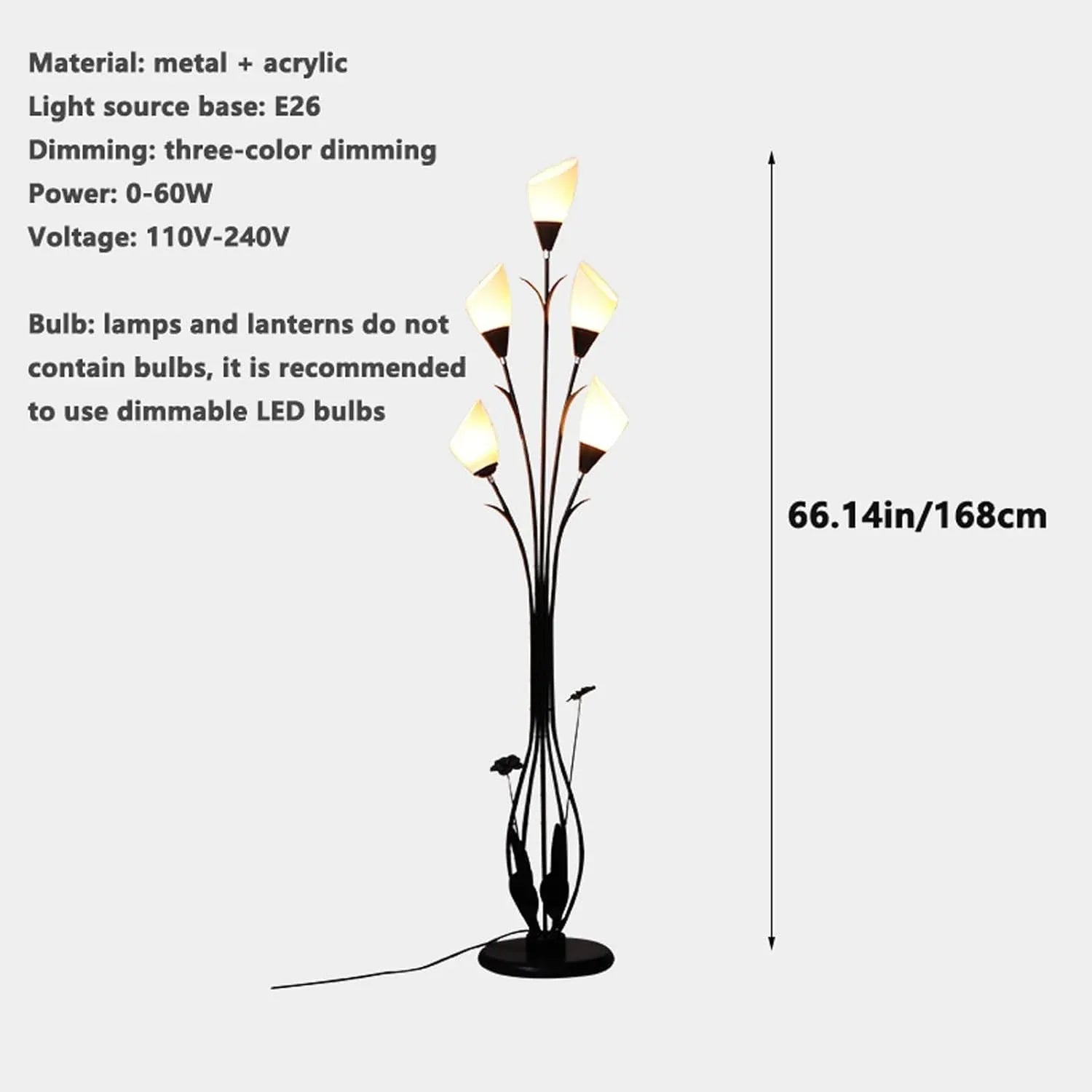 Audara-Creative Simple Study Bedroom Floor Lamp Black E26 5 Light Source Tri-Color Dimming Metal Acrylic Standing Lamp H66in Living Room Couch Side Torchiere Villa Club Dining Room Lighting Fixture