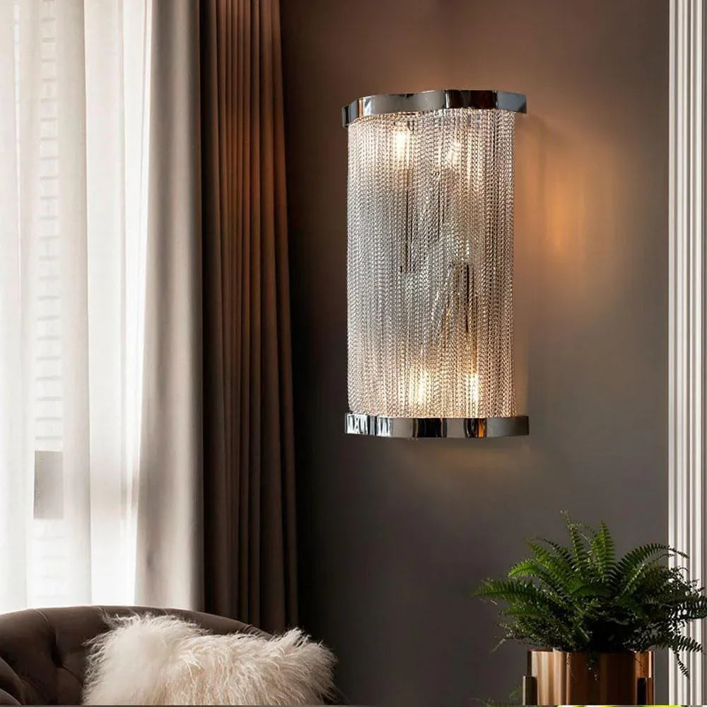 Audara-Modern Light Luxury Tassel Aluminum Chain Wall Lamp Creative Simple Living Room Backdrop Wall Lights LED Double Head E14 Lamp Holder Bedroom Bedside Wall Sconces For Hotel Corridor Lighting Fixture