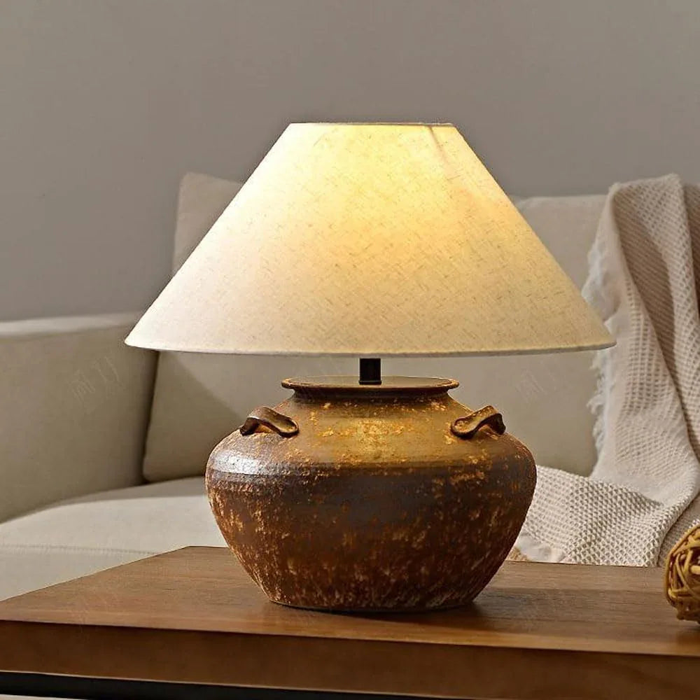 Audara-Japanese Wabi-sabi Tea House Study Living Room Desk Light Natural Vintage Pottery Desk Lamp Club Coffee Shop Hotel Front Desk Table Lamp Farmhouse Cottage Rustic Lighting Fixture