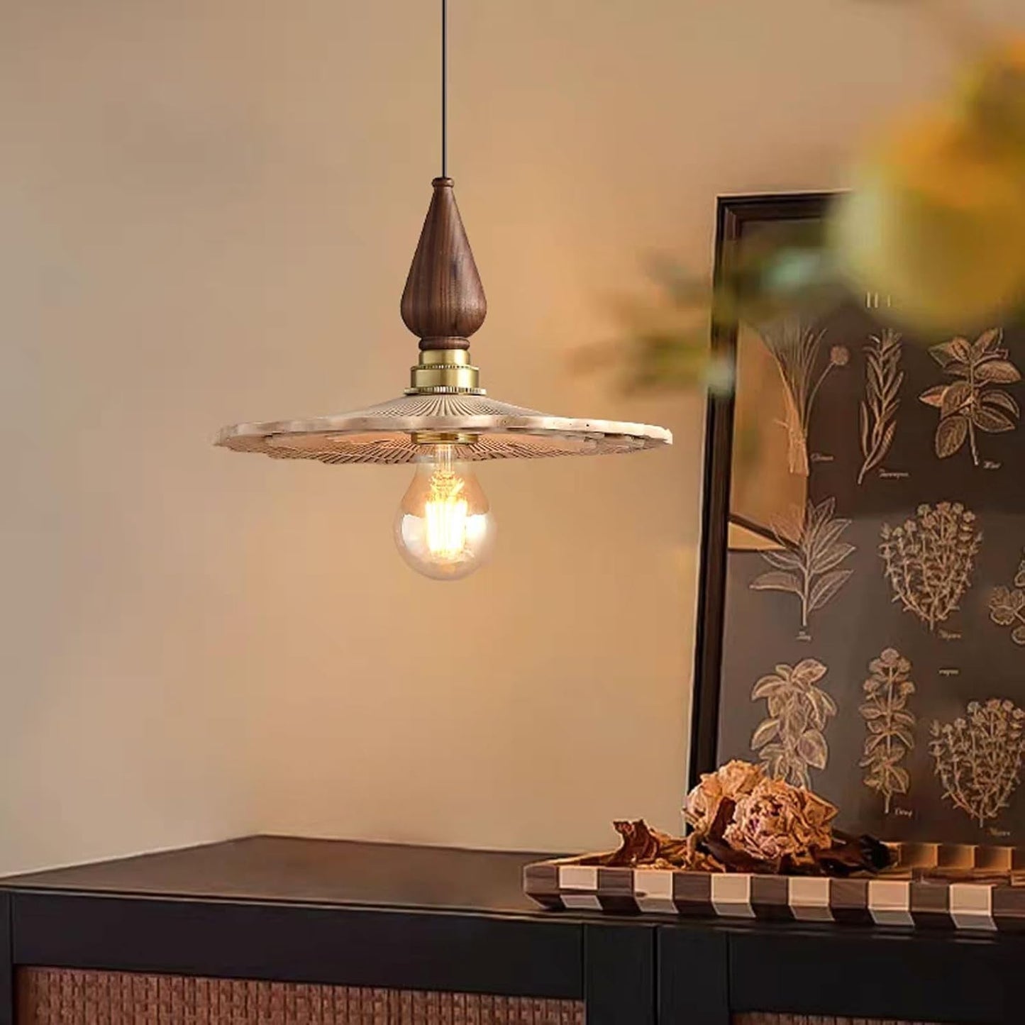 Audara-Wood Color Lotus Leaf Resin Pendant Light Gold Aluminum Body Bedroom Bedside Hanging Lamp 10.23in E27 Base Single Head Living Room Dining Chandeliers Cafe Lighting Fixtures