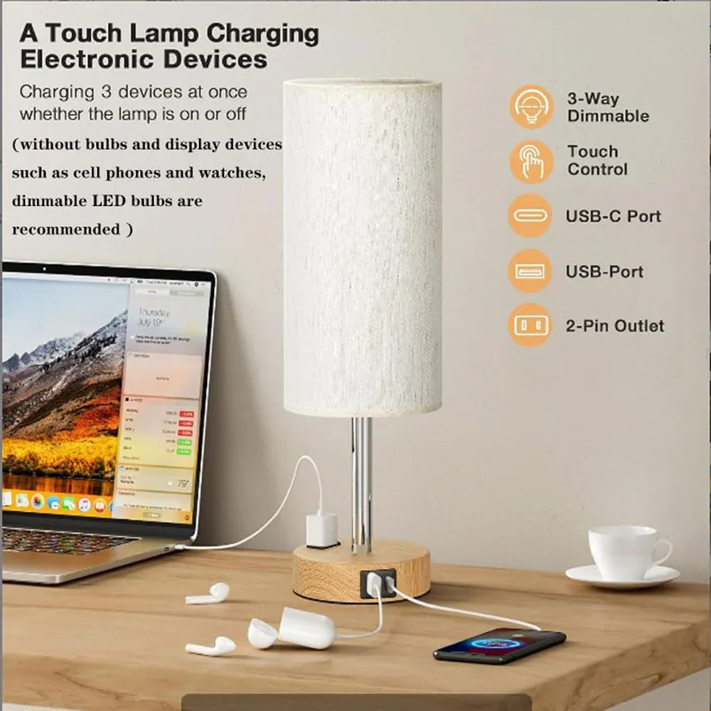Audara-Modern Creative Touch Switch 2 USB 1 AC Interface Fabric Desk Light American Simple Living Room Bedroom Bedside Desk Lamp Warehouse Office Table Lamp Villa Club Lighting Fixture