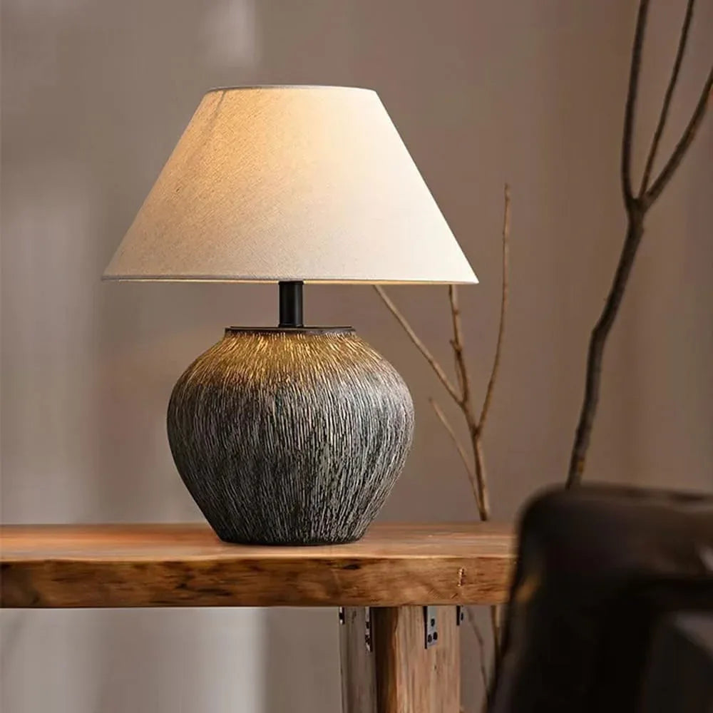 Audara-Vintage Wabi-sabi Style Living Room Bedroom Bedside Desk Light Natural Classic Fabric Pottery Jar Desk Lamp Club Dining Room Villa Table Lamp Coffee Shop Hotel Front Desk Rustic Lighting Fixture