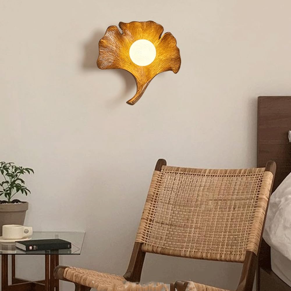 Audara-AULIGE Bedroom Bedside Wall Lamp Wabi-sabi Wind Resin Ginkgo Biloba Art Wall Lights Creative Entryway Aisle Sconces Living Room Background Wall Single Head Mounted Lighting Fixture
