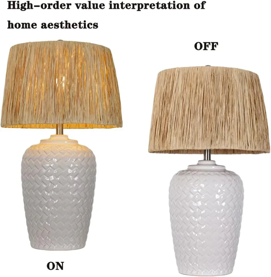 Audara-Wabi-sabi Style Living Room Bedroom Bedside Desk Light Luxury Zen Raffia White Ceramic Desk Lamp Study Couch Side Counter Table Lamp B&B Villa Farmhouse Lighting Fixture