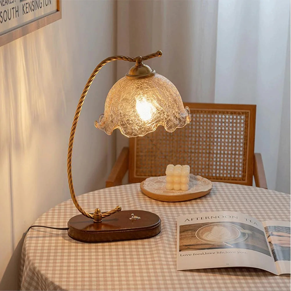 Audara-American Creative Flower Shaped Glass Desk Light Vintage Classic Study Office Living Room Desk Lamp Bedroom Bedside Counter Table Lamp Hotel Restaurant Bar Club Lighting Fixture