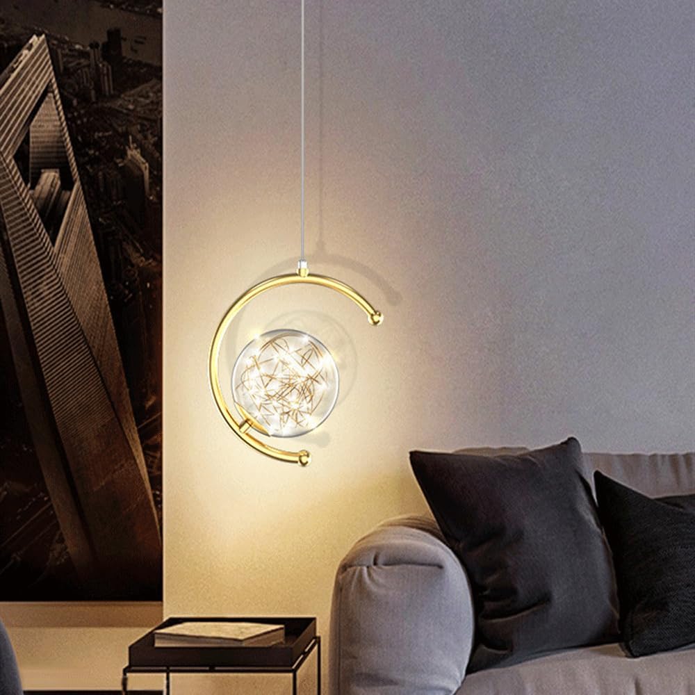 Audara-Personalized Creative Full Star Glass Pendant Light Modern Minimalist Round Ball Iron Bedside Hanging Lampe Gold Dimmable Single Head Chandeliers Dining Room Aisle Bar Lighting Fixture