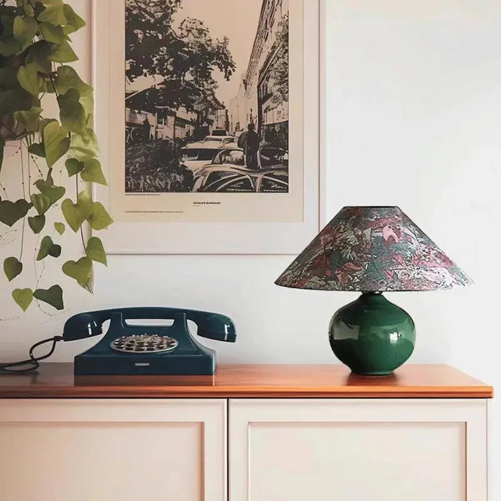 Audara-Warm Retro Study Bedroom Desk Light Romantic Living Room Sofa Bedside Desk Lamp French Fabric Dark Ceramic Table Lamp Cafe Mall Bar Villa Club Decoration Lighting Fixture