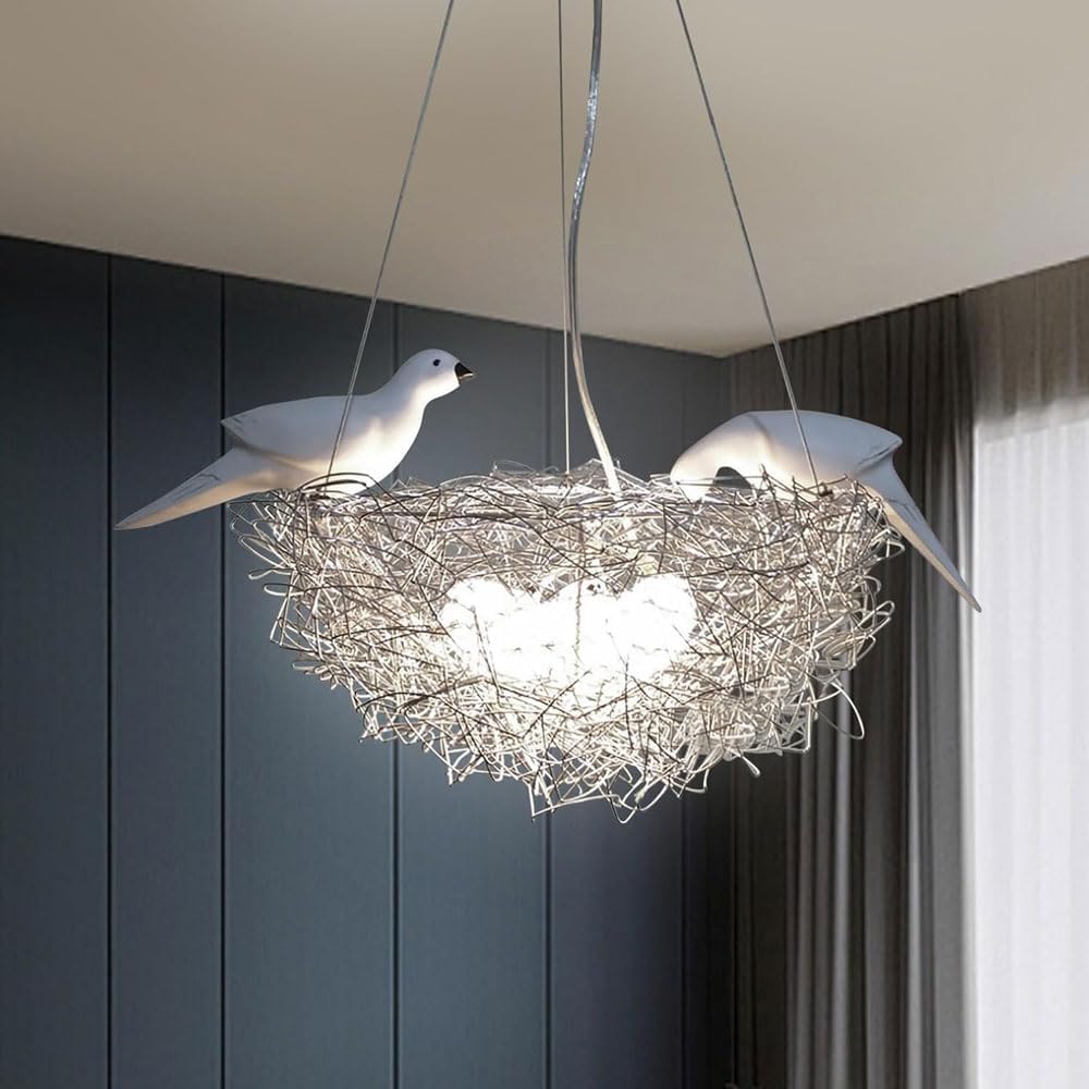 Audara Creative Art 2 Birds Bird Nest Shape Aluminum Pendant Light 5/8 Light Source Bedroom Study Dining Room Hanging Lamp Warm Living Room Kitchen Island Chandelier Farmhouse Rustic Lighting Fixture
