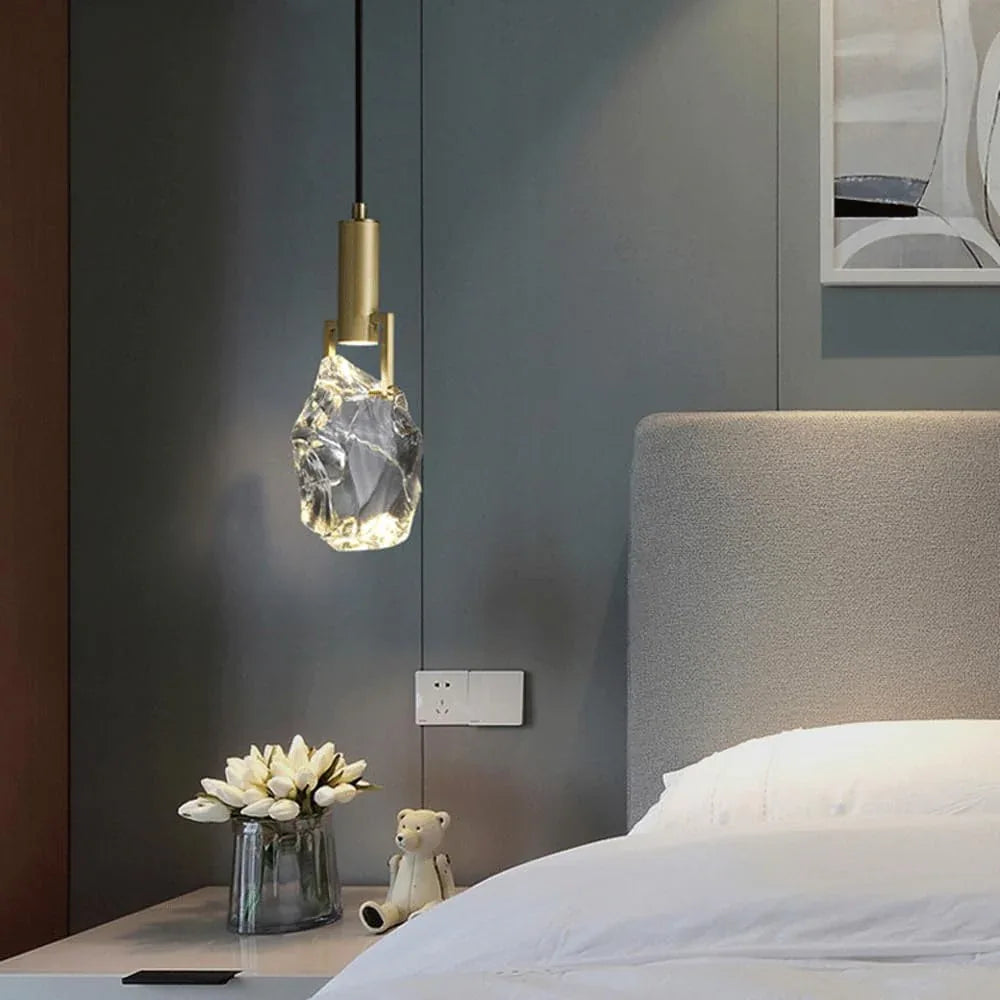 Audara-All Copper Single Head Crystal Bedside Pendant Light Light Luxury Post-Modern Hanging Lamp Living Room Study Background Decoration Chandelier Simple Long Line Lighting Fixture