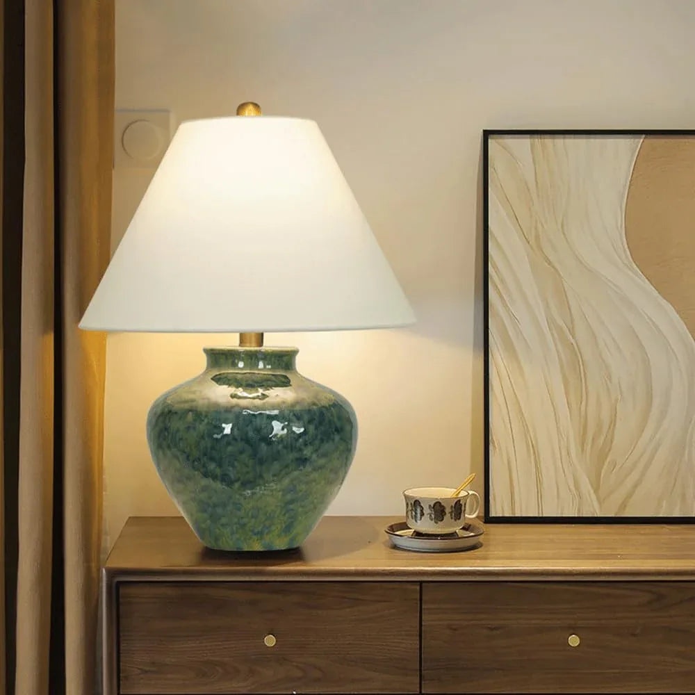 Audara-Wabi-sabi Wind Cloth Green Ceramic Desk Light New Chinese Tea House Study Office Desk Lamp Elegant Living Room Bedroom Bedside Table Lamp B&B Club Mall Villa Lighting Fixture