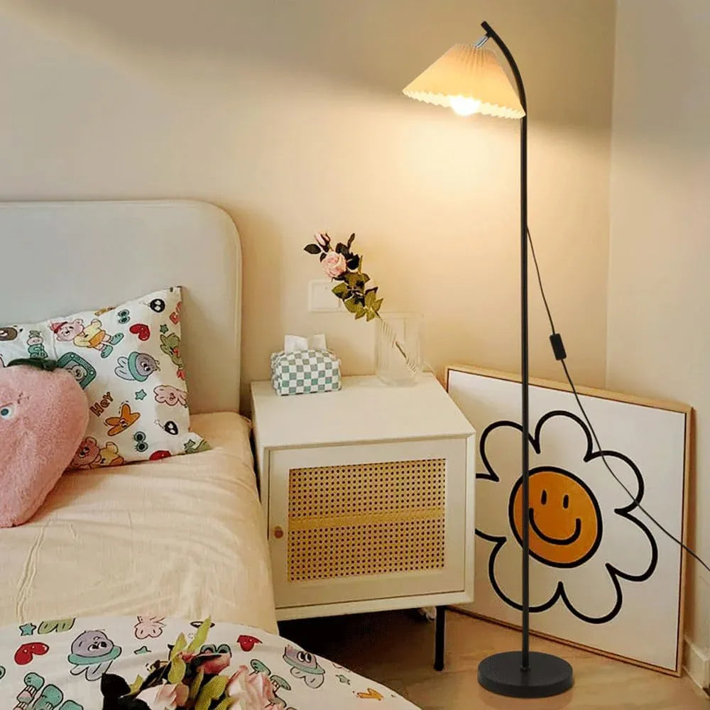 Audara-Modern Simple Handmade Pleated Fabric Floor Lamp Warm Romantic Bedroom Bedside Sofa Beside Standing Lamp Tri-Color Dimmer E26 H62” Living Room Office Torchiere Dining Room Lighting Fixture