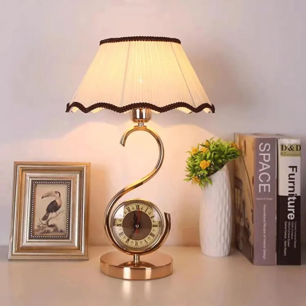 Audara-European Customised With Clock Handmade Fabric Desk Light Classic Luxury Bedroom Bedside Desk Lamp Study Room Living Room Office Table Lamp B&B Hotel Front Desk Coffee Shop Restaurant Lighting Fixture