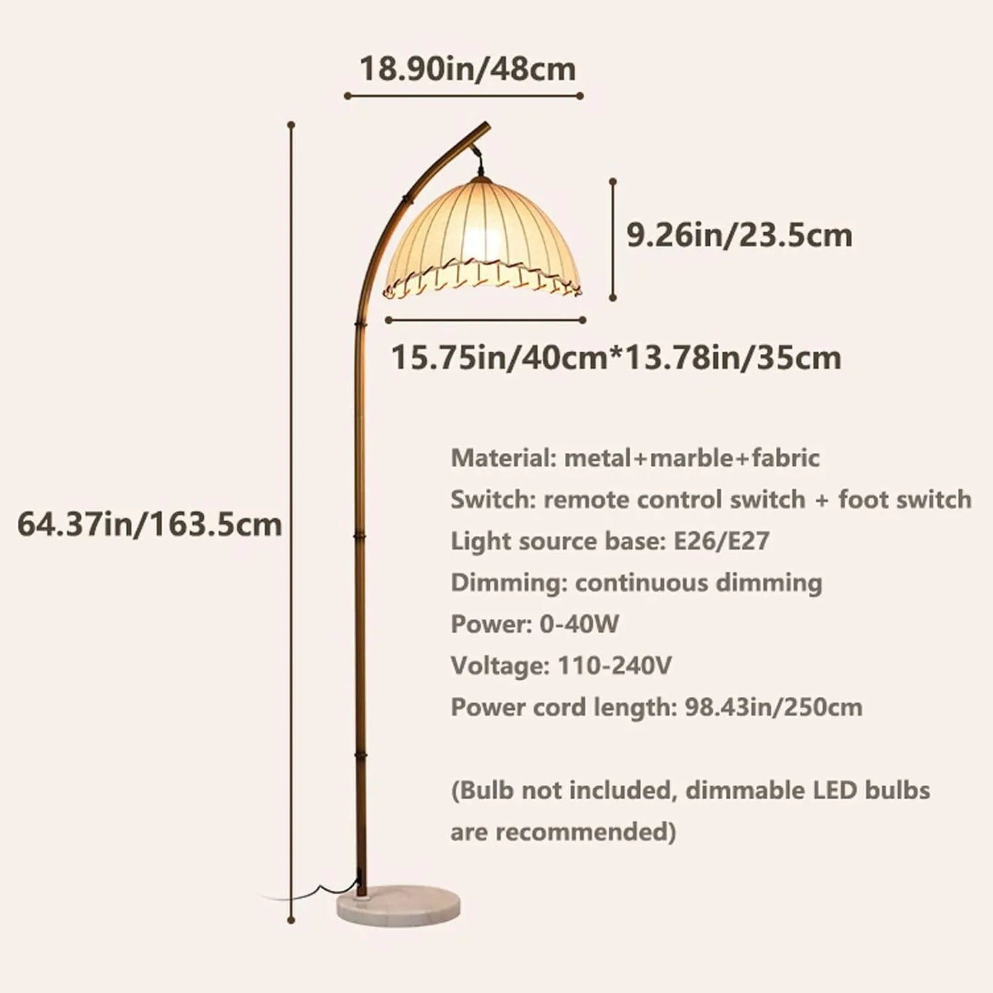 Audara-Vintage Nature B&B Farmhouse Rustic Floor Lamp H64” Handmade Fabric Metal Standing Lamp Remote Control Dimming E26 Single Light Source Living Room By Sofa Torchiere Bedroom Study Lighting Fixture