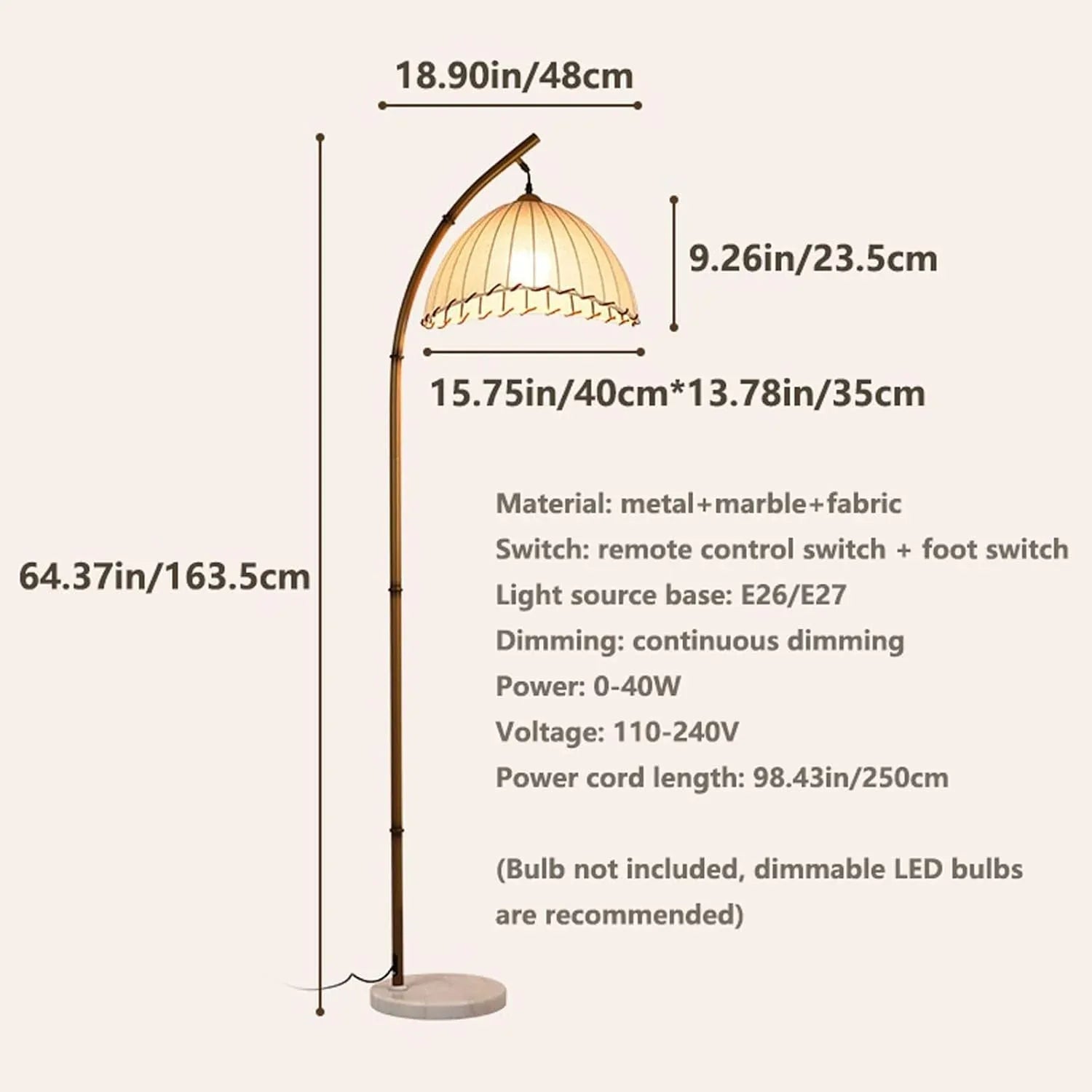Audara-Vintage Nature B&B Farmhouse Rustic Floor Lamp H64” Handmade Fabric Metal Standing Lamp Remote Control Dimming E26 Single Light Source Living Room By Sofa Torchiere Bedroom Study Lighting Fixture