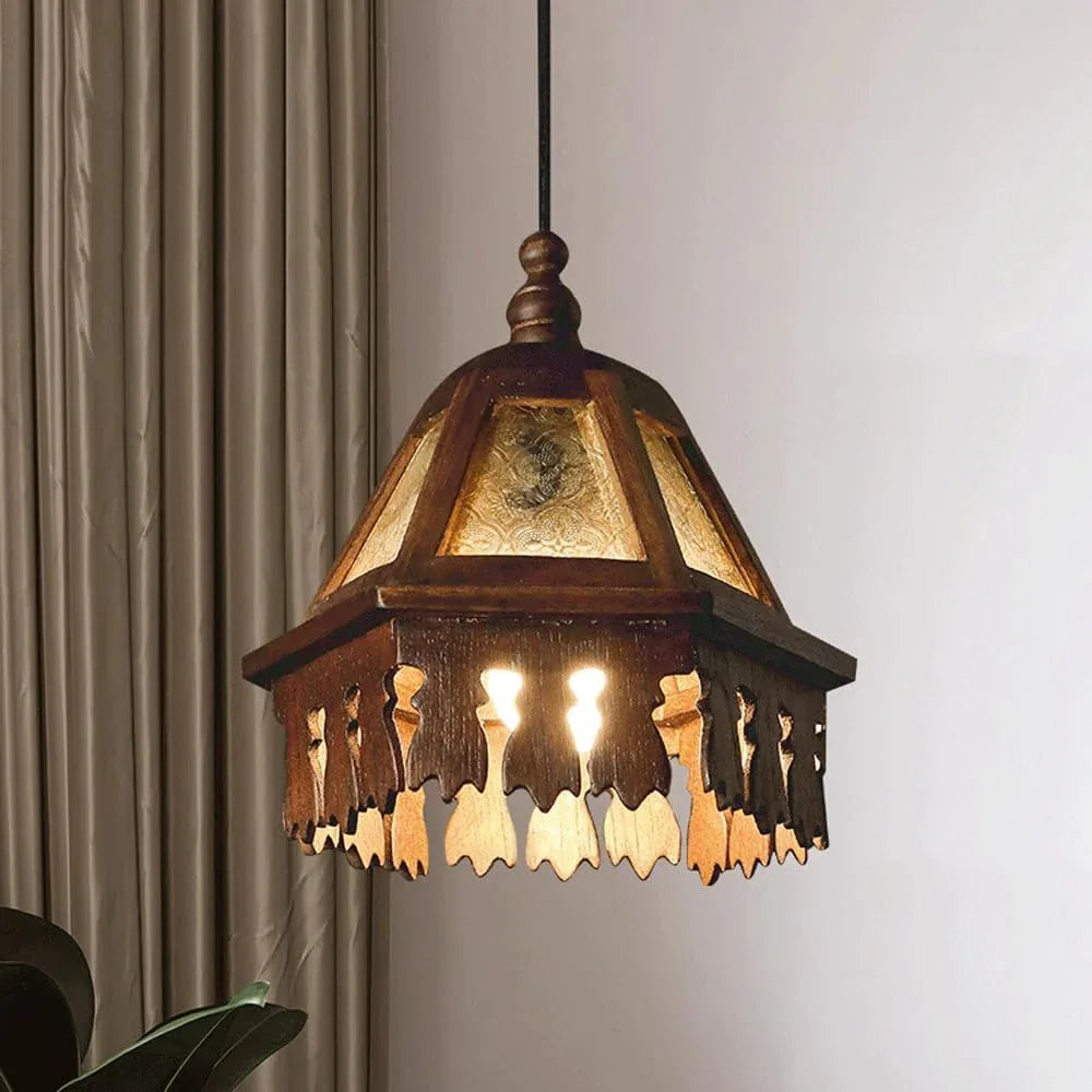 Audara-Southeast Asian Style, 7-inch Diameter, Wood and Glass Retro-Style Pendant Light, Suitable for Bedrooms, Hotels, Shops, Living Rooms, Dining Rooms and Other Styles.