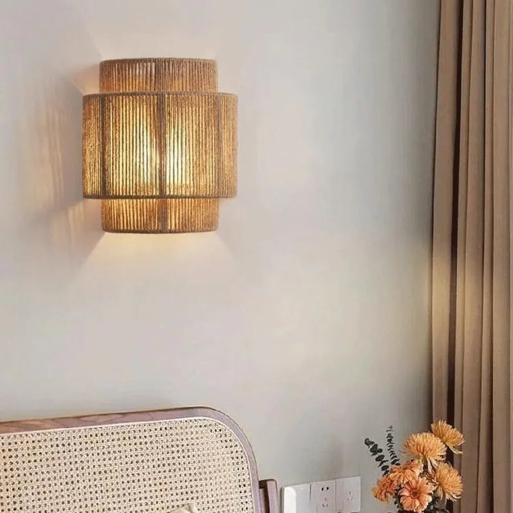 Audara-AULIGE Japanese Style Wabi-sabi Wind Retro Wall Lamp Living Room Bedroom Bedside Wall Lights B&B Aisle Ambiance Sconces Balcony Sisal Single Head Mounted Lighting Fixture