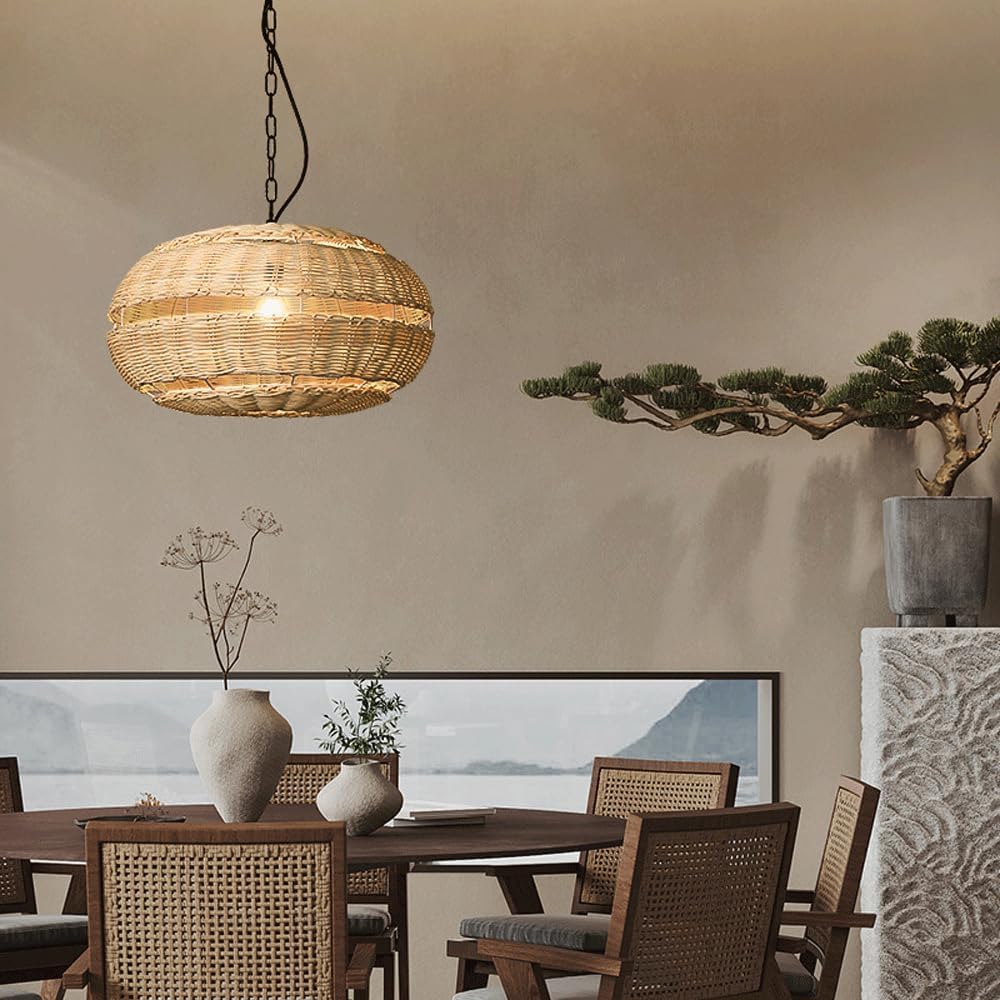 Audara-10in Woven Rattan Pendant Light Bohemian & Wabi-Sabi Style Multi-Functional Ceiling Light Fixture Suitable for Bedrooms, Hotels, Study Rooms, Dining Areas, Entryways, and More Retro Lamp