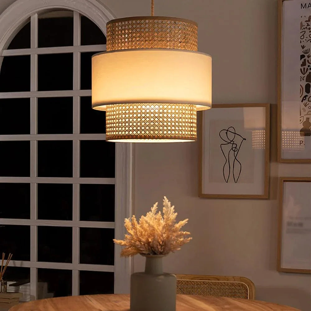 Audara-12-inch Woven Pendant Light Metal Frame with Parchment and Synthetic Rattan Shade Bohemian-Style Ceiling Light Fixture Suitable for Bedrooms, Hotel Lobbies, Entryways, and Kitchen Islands