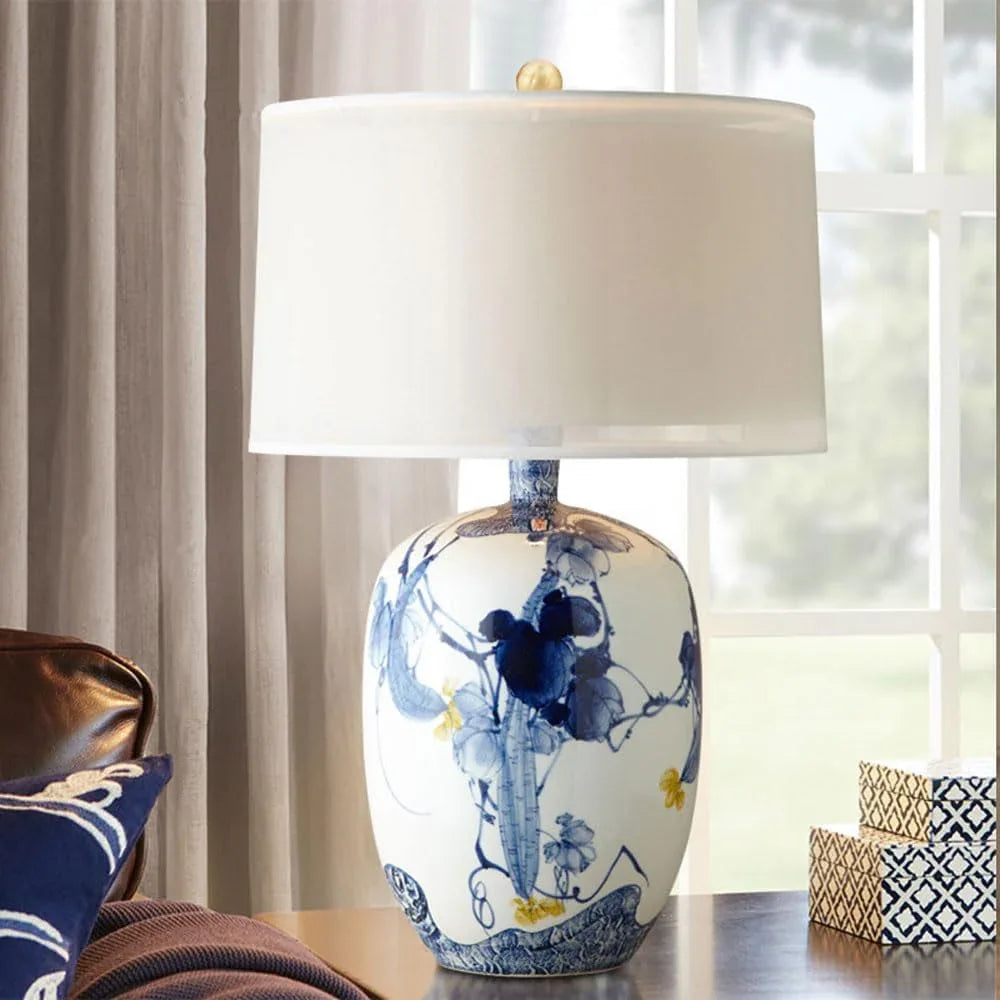 Audara-New Chinese Creative Living Room Bedroom Office Desk Light Classical Elegant Fabric Ceramic Desk Lamp Farmhouse Villa Club Table Lamp Hotel Cafe Restaurant Decoration Lighting Fixture
