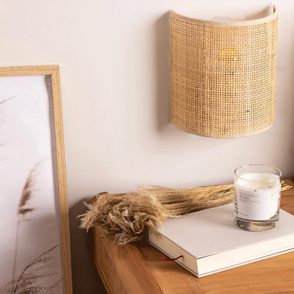 Audara-Modern Simple Wall Lamp Japanese Log Style Rattan Wall Lights Hand-Woven Bedroom B&B Bedside Sconces Entryway Aisle Corridor Decorative Mounted Lighting Fixture