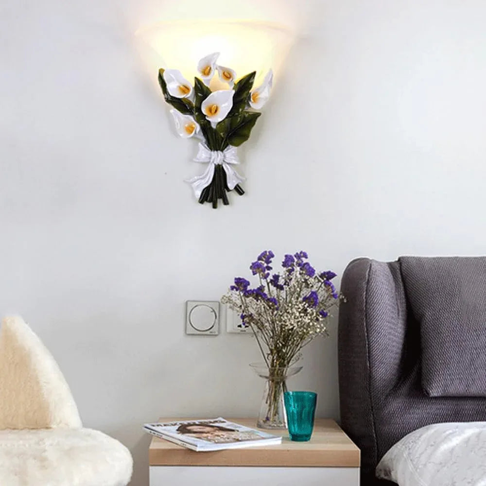 Audara-European Style Resin Wall Lamp Living Room Modern Bedside Wall Lights Creative Idyllic Flowers and Plants LED Sconces Bedroom Corridor Aisle Mounted Lighting Fixture