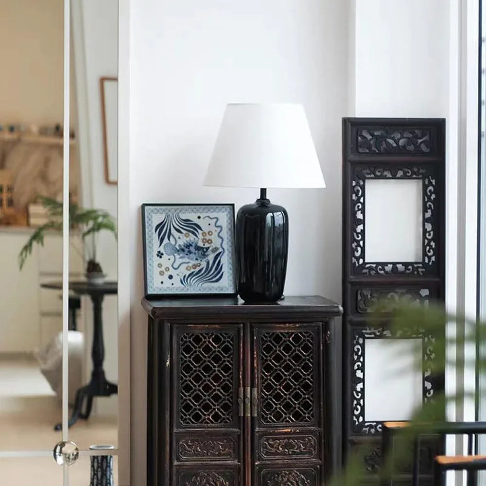 Audara-New Chinese Study Bedroom Bedside Desk Light Office Living Room Wall Cabinet Desk Lamp Villa Farmhouse Club B&B Decoration Table Lamp Luxury Modern Fabric Black Ceramic Lighting Fixture
