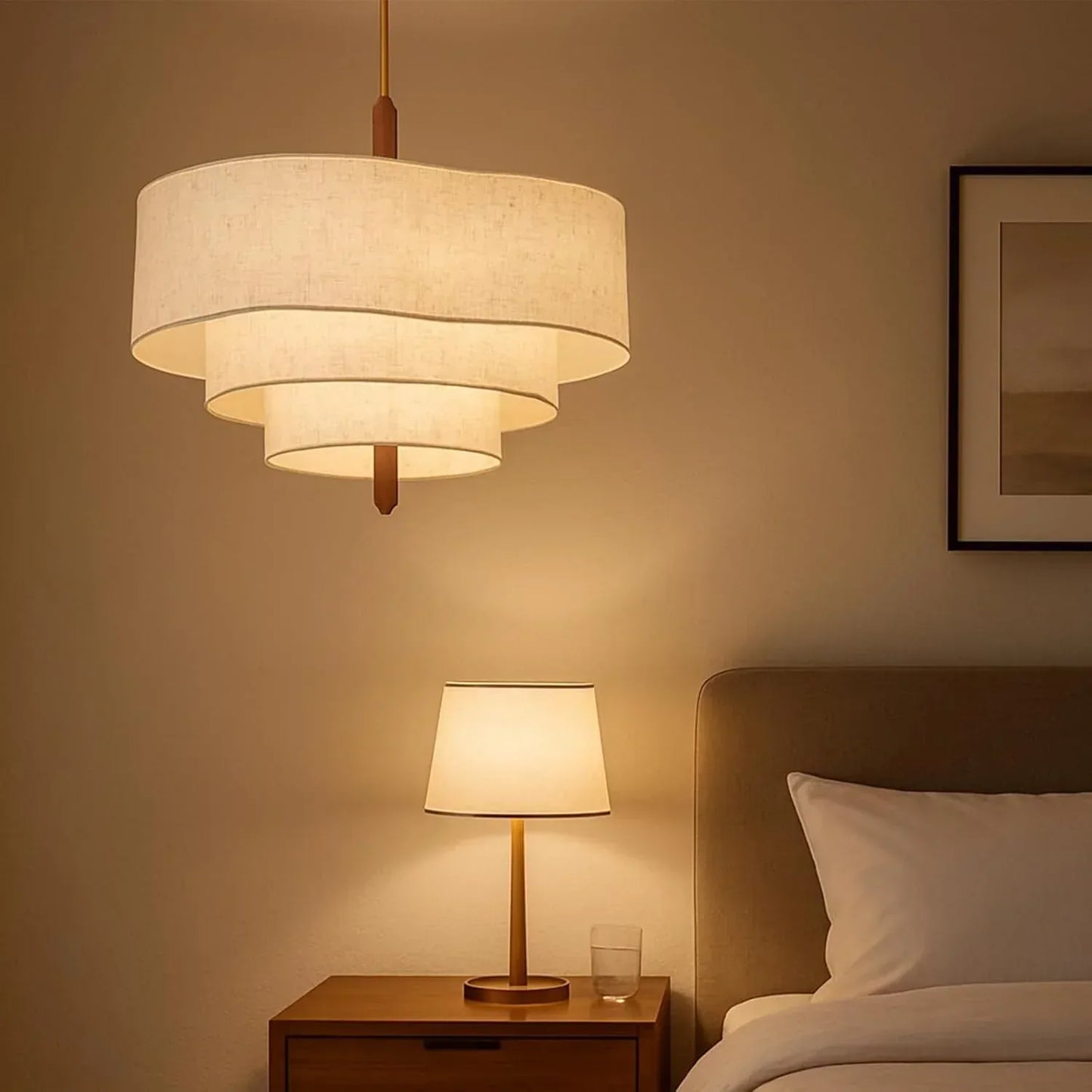 Audara 17.7" 3-Tier White Fabric LED Chandelier | Dimmable 3-Color Pendant Light | Boho Minimalist Hanging Lamp for Dining Room Bedroom