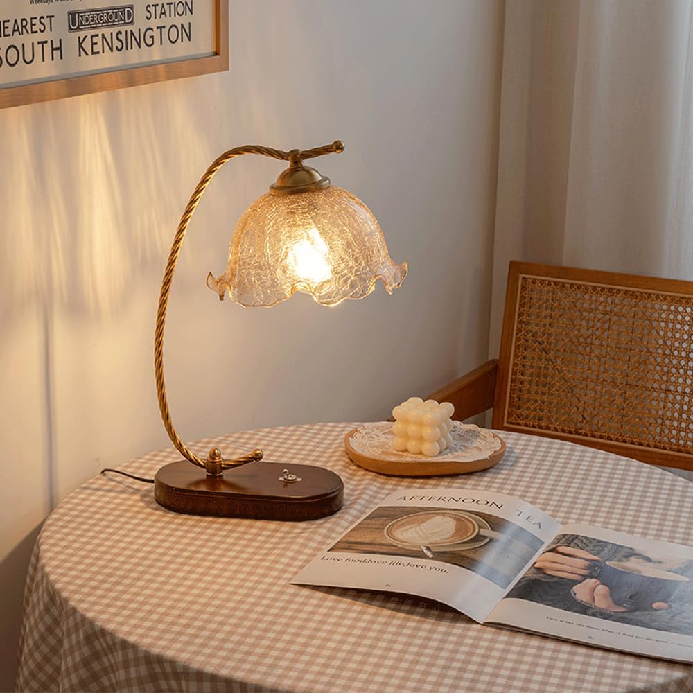 Audara-American Creative Flower Shaped Glass Desk Light Vintage Classic Study Office Living Room Desk Lamp Bedroom Bedside Counter Table Lamp Hotel Restaurant Bar Club Lighting Fixture