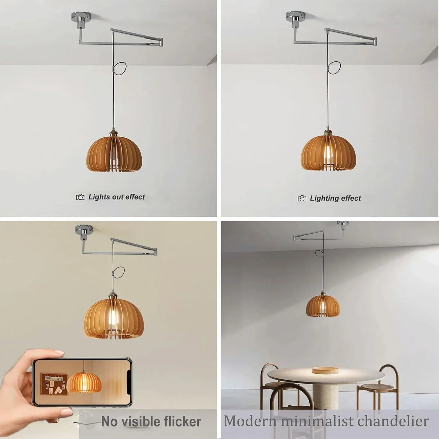 Audara-17 Inch Solid Wood Pumpkin Chandelier, Nordic Retro Pendant Light with 3-Color Dimmable LED and Adjustable Arm, Natural Wood Ceiling Light for Bedroom, Dining Room, and Kids Room