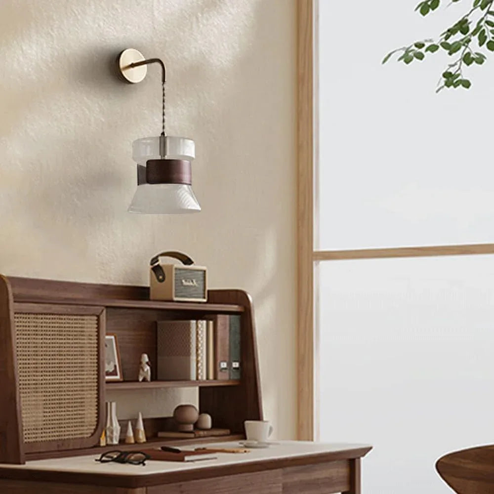 Audara-Japanese Zen Wall Lamp Retro Simple Walnut Wall Lights Bedroom Living Room Glass Sconces Aisle Corridor Foyer Mounted Lighting Fixture