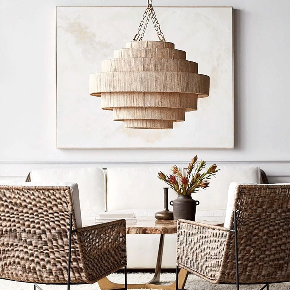 Audara Nature Color French Large Pendant Light Hemp Rope Hand-Woven Hanging Lamp E26 Lampholder D31.5in Chandelier Living Room Bedroom Balcony Hallway Mall Villa Loft Dining Room Lighting Fixture